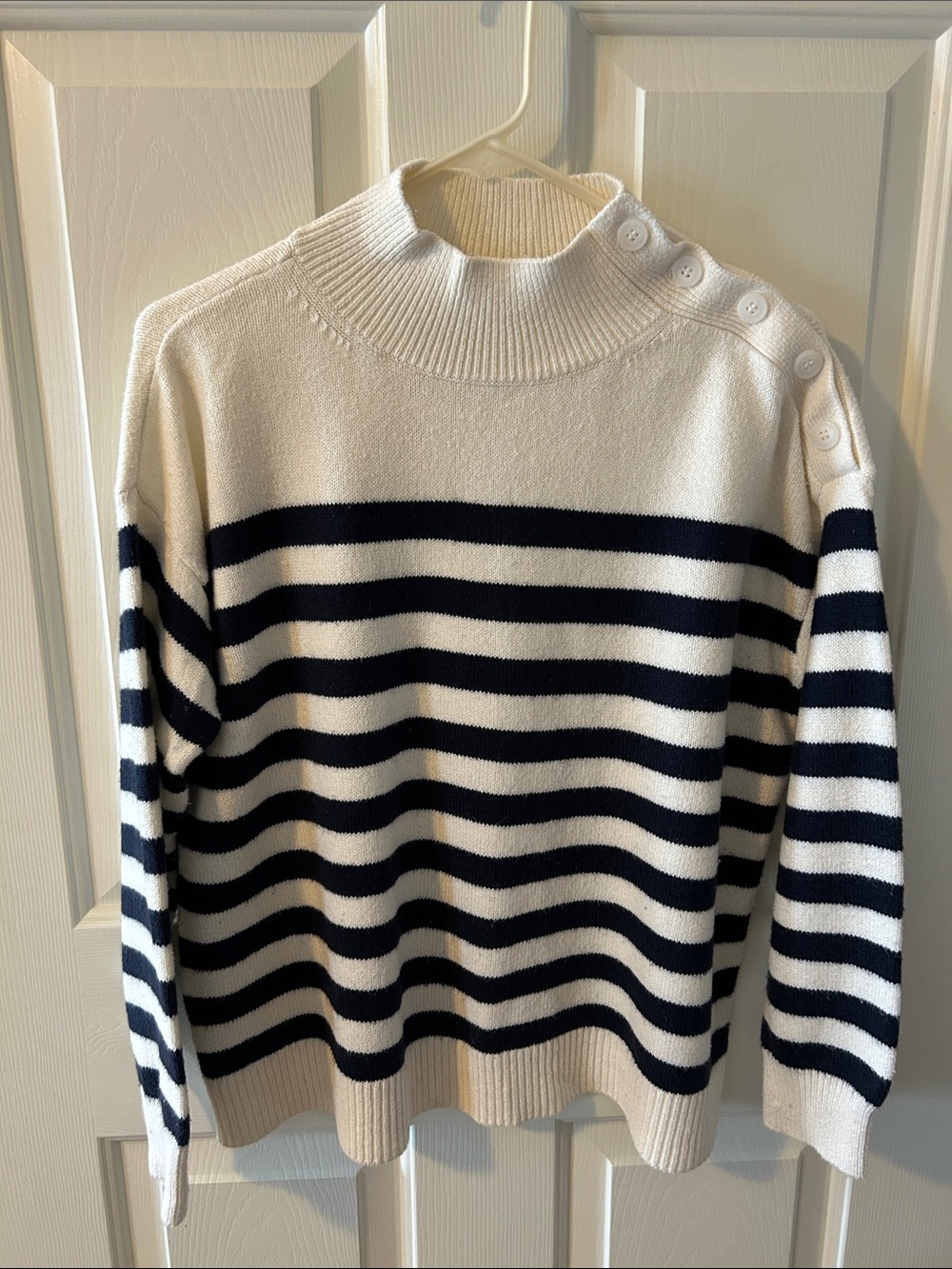LOFT Cream & Navy Striped Turtleneck Button-Shoulder Sweater